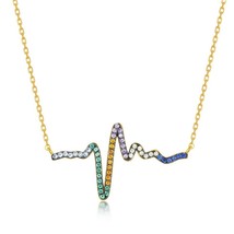 Sterling Silver Rainbow CZ Heartbeat Necklace - Gold Plated - £40.67 GBP