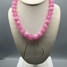 Bubble Gum Pink Beaded Necklace with Wire Open Heart Pendant in Silver Tone - £37.89 GBP