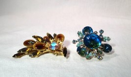 Vintage Blue Green Brown Navette Rhinestone Brooch Pins - Lot of 2 - K939 - $74.25