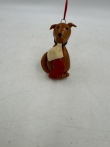 Brown Dog Floppy Ears Holding Red Stocking Christmas Ornament Polymer Clay - $8.78