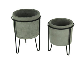 Modern Cement Planters in Black Metal Stands Set of 2 - £27.02 GBP