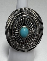 Jewelry Ring  Silver Tone Large 1.5&quot; Oval Faux Turquoise Stone Flower Shaped Adj - £9.08 GBP