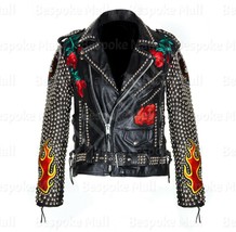New Men&#39;s Black Punk Top Quality Silver Studded Cowhide Biker Leather Ja... - £423.65 GBP