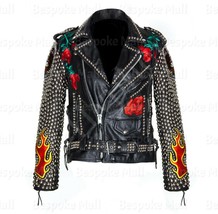 New Men&#39;s Black Punk Top Quality Silver Studded Cowhide Biker Leather Ja... - £422.12 GBP