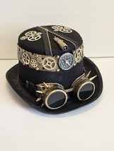 Halloween Black Gold Top Hat Steampunk Gothic Leather Hat Goggles Costume Masque - £20.07 GBP