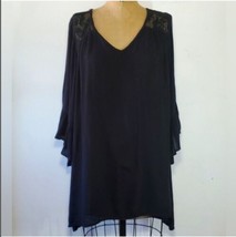 True Destiny Size XL Tunic Blouse Black Crepe 3/4 Bell Sleeve Asym Hem F... - $20.58