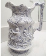 Cherub Grapes Relief PITCHER Signed Blue on White with Minions Vintage - £70.93 GBP