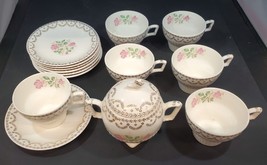 Vintage 15-piece China Teacup and Saucers with Sugar Bowl, Gold Trim Pin... - £38.93 GBP