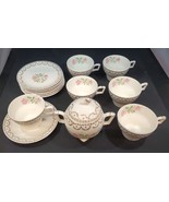 Vintage 15-piece China Teacup and Saucers with Sugar Bowl, Gold Trim Pin... - £38.98 GBP