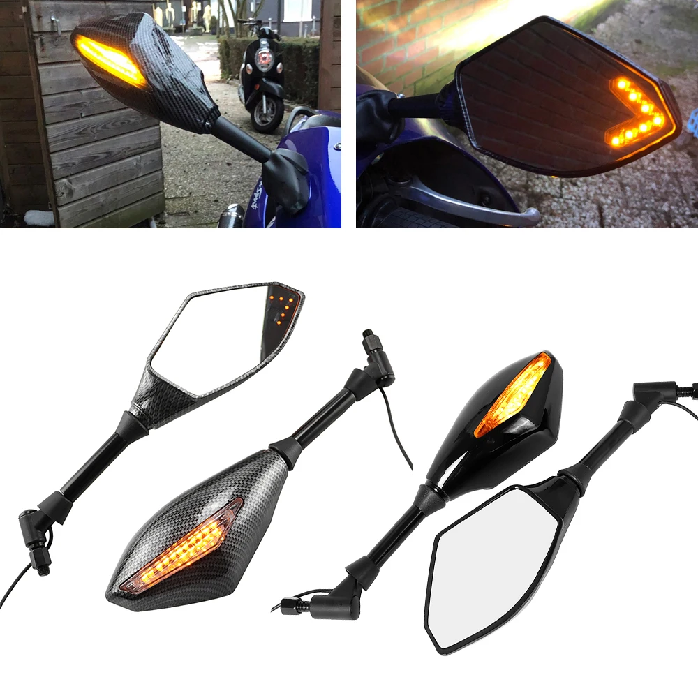 2X Universal 10mm Motorcycle Rearview Side Mirrors with LED Turn Signal Lights - £47.79 GBP+