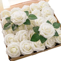 Floroom Artificial Flowers 25 Pcs.Real Looking Ivory Foam Fake Roses Wit... - $38.99