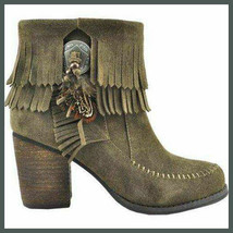SBICCA &quot;Jessa&quot; Suede Leather Ankle Boot~Khaki~Tan~Fringe Boho Style - £50.99 GBP