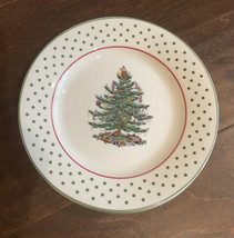 4 Spode Christmas Tree With Ornaments Salad  plates Green Polka dot Rim New - $64.99