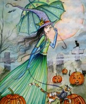 Halloween Postcard Molly Harrison Green Dress Witch Cat Fantasy 2005 Ltd. To 33 - £89.56 GBP