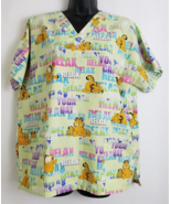 Garfield Odie Paws Scrub Top V-Neck Multi-Color Pockets Yoga Relax Size M - £11.69 GBP