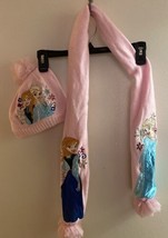 Frozen Girls Scarf And Hat Set Anna &amp; Elsa Embroidered On Pink - £6.83 GBP