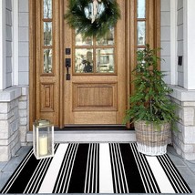 Black and White Striped Rug 27.5x43 Inches Indoor Outdoor Rugs Hand Woven Cotton - £23.18 GBP