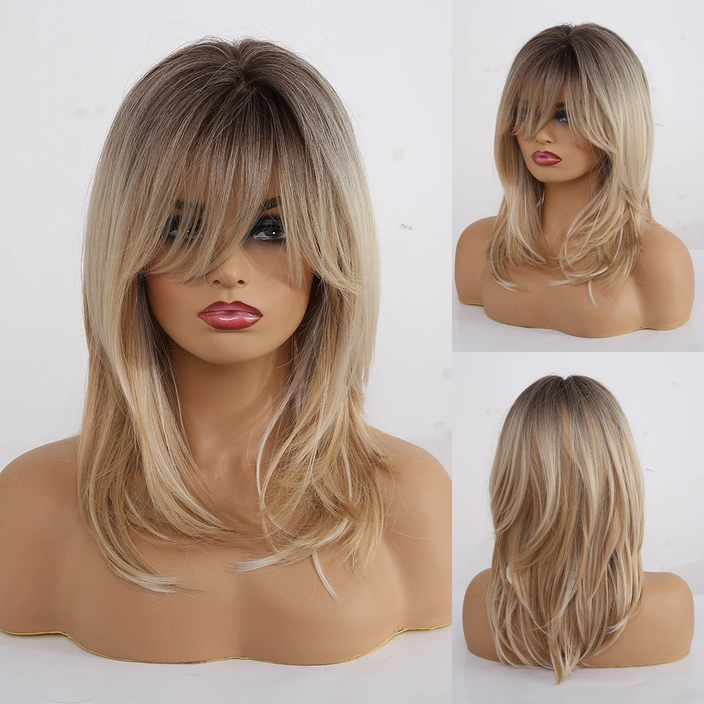 EASIHAIR Synthetic Wigs for Women Ombre Brown Blonde Wigs with Bangs Layer - £22.18 GBP+