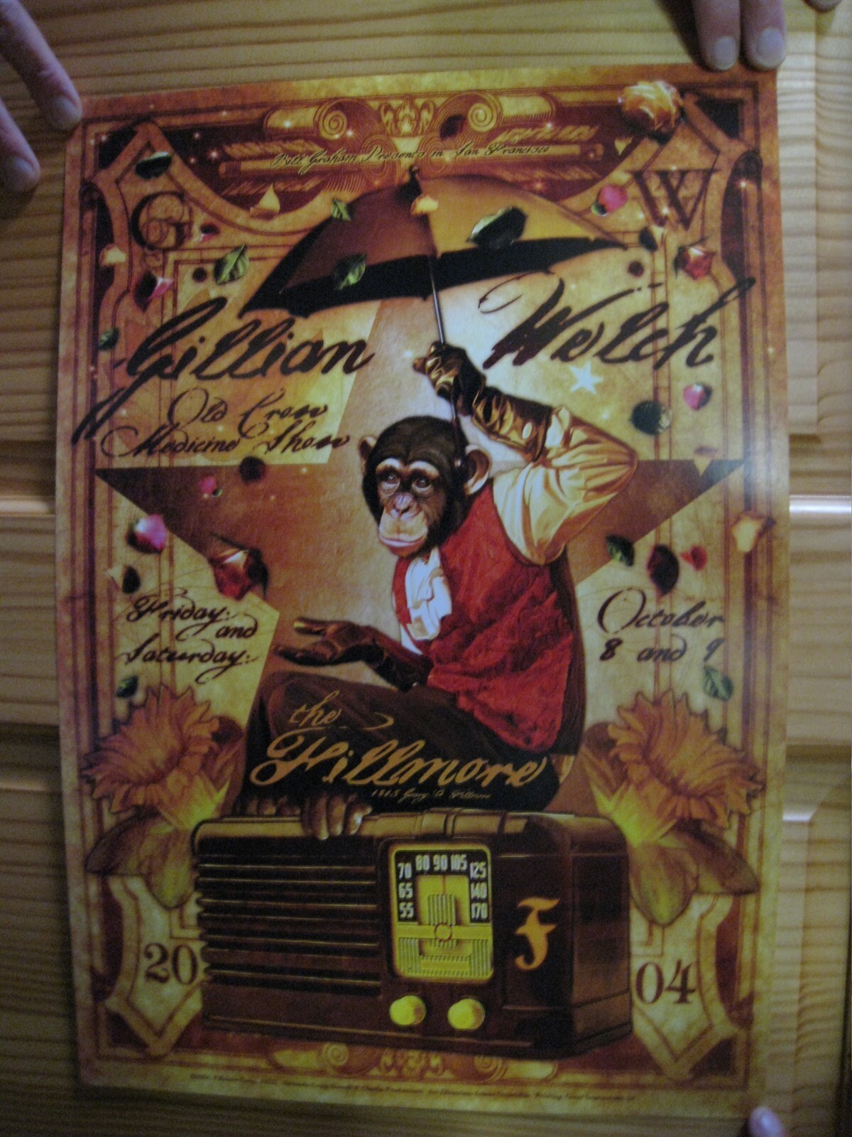 Gillian Welch Affiche Fillmore Chimpanzé Tenant Parapluie Octobre 8 9 2004 - $67.49