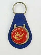 Vintage Gemini II leather keychain keyring metal back Blue w Red Face - $10.29