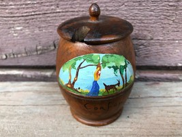 Small Antique Wood Mustard Condiment Jar w Painted Scene CORFOU Greece  - £15.83 GBP