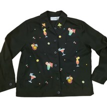 Y2K Black Embroidered Jacket Fruity Cocktail Daiquiri Happy Hour Sz M Pe... - £18.57 GBP