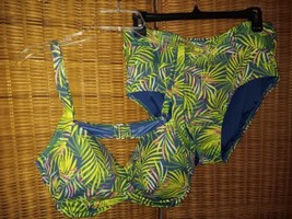 Land&#39;s End Bikini Top &amp; Bottom Swimsuit Ladies Sz. 14 Green Tropical Branches - £17.29 GBP