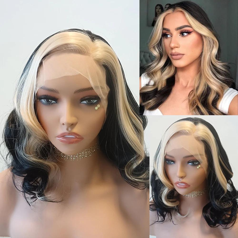 FANXITION Black Short Bob Wig with Blonde Stripe Highlights Ombre Color Body - £72.21 GBP+
