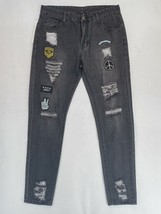 Men&#39;s Jeans Size L -32&quot; W x 30&quot; L Skinny Gray Denim Army Peace Patch Dis... - £12.00 GBP