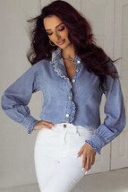 Beau Blue Ruffled Long Sleeve Buttoned Denim Shirt - £40.10 GBP