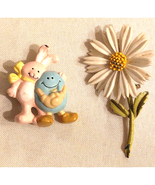 Vintage Easter Bunnies &amp; Daisy Spring Flower Pin Lot of 2 Jacket Coat Pins - $10.76 CAD