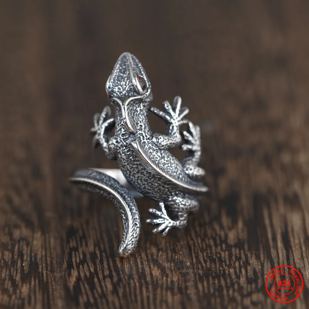 Vintage Unique 925 Sterling Silver Chameleon Lizard Ring With Red Eyes For Men a - £28.16 GBP