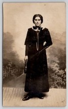 RPPC Edwardian Woman Deep Dark Eyes Jewelry Bow Tie Collar Postcard Q27 - $7.95