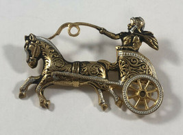 Vintage Damascene Brooch Pin Gold Tone  Horse Chariot - Spain 2â - £15.81 GBP
