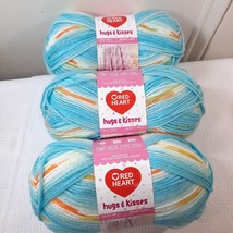 Red Heart Hugs &amp; Kisses Yarn Aqua 3 skeins variegated blue orange white acrylic - £35.89 GBP