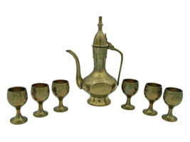 Vintage 7 Pc Brass Set Aftaba Floral Etched Water Pitcher 6.5&quot; and 6 Goblets 2&quot;  - £30.79 GBP