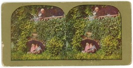 c1900&#39;s Humorous Colorized Stereoview &quot;Rain in Sight&quot; Boy Pranking Little Girls - £7.46 GBP
