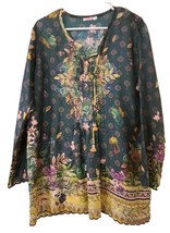 Johnny Was 100% Silk Vibrant Floral Tunic 4 Button Pull Tie Neck Boho Med - $72.42
