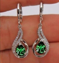 3.20Ct Pear Lab Created Green Emerald Drop/Dangle Earrings 14k White Gold Plated - £92.66 GBP