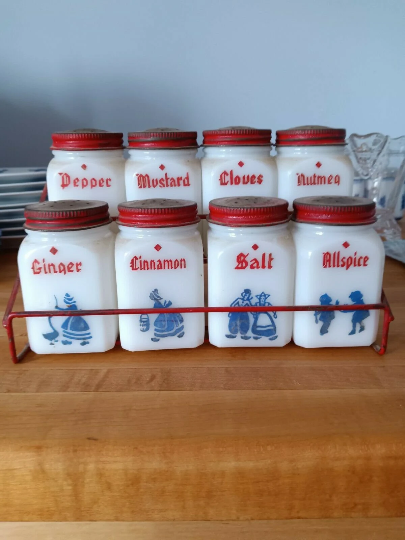 Vintage Dutch Red Diamond spice jars with metal wire rack  - $95.00