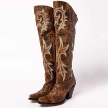Women Vintage Floral Decorate Knee High Boots Female Spring Autumn PU Leather Hi - £74.18 GBP