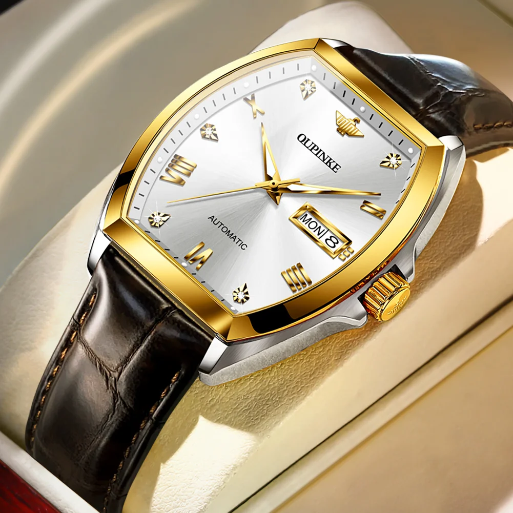 OUPINKE   Automatic Mechanical Watch Wine Barrel Dial Sapphire Mirror Leather St