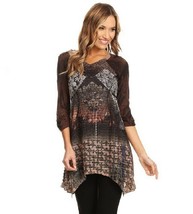 Women&#39;s Brown Patchwork Tunic Top with V-Neck   - $44.99