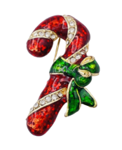 Vintage Signed OTC Enamel Rhinestone Candy Cane Christmas Brooch Pin - $17.82