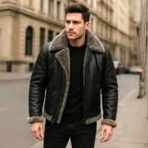 Mens Genuine Black Leather Shearling Aviator leder Jacket  Vintage Fur - $239.01+