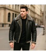 Mens Genuine Black Leather Shearling Aviator leder Jacket  Vintage Fur - $243.24 - $283.79