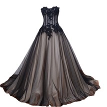 Kivary Sweetheart Long Black and Champagne Lace Tulle Gothic Corset Prom Wedding - £151.27 GBP