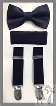 Dark Navy Boy&#39;s Clip Suspender Bowtie &amp; Pocket Square Handkerchief 3 pie... - £14.60 GBP