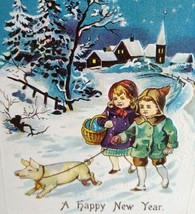 New Years Postcard Children Walking Pig Embossed Vintage Original Germany 1217 - £11.21 GBP