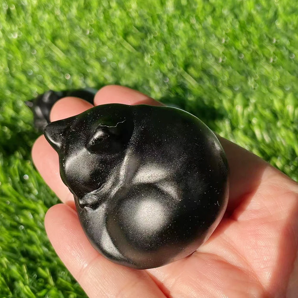Natural Black Obsidian Sleeping Cat Statue Hand-Carved Healing Stone Gemstone - £15.55 GBP+